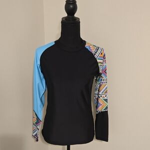 Black and Blue Geometric Long Sleeve Swim Tee